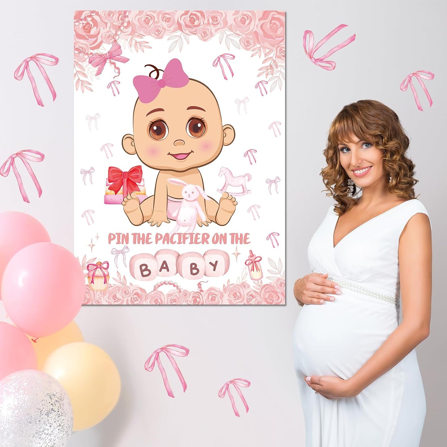 Pin The Pacifier On The Baby Party Games, Pink Baby Shower Decoration Bow Party Decorations with Large Poster 48 Pacifier Stickers Game for Baby Shower Party Bow Coquette Birthday Decorations