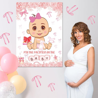 Pin The Pacifier On The Baby Party Games, Pink Baby Shower Decoration Bow Party Decorations with Large Poster 48 Pacifier Stickers Game for Baby Shower Party Bow Coquette Birthday Decorations