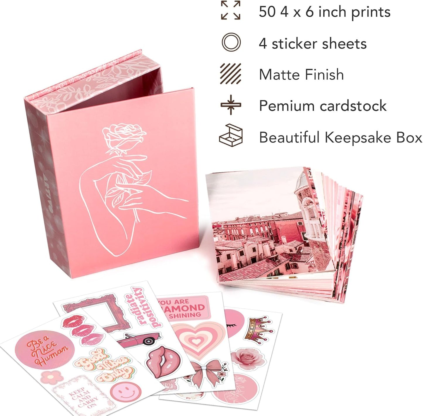Artivo Pink Wall Collage Kit Aesthetic Pictures 50 Set 4x6, Light Pastel Pink Wall Decor for Teen Girls and Kids, Cute Bedroom Decor, Aesthetic Dorm Decor, Pretty Wall Decor Prints
