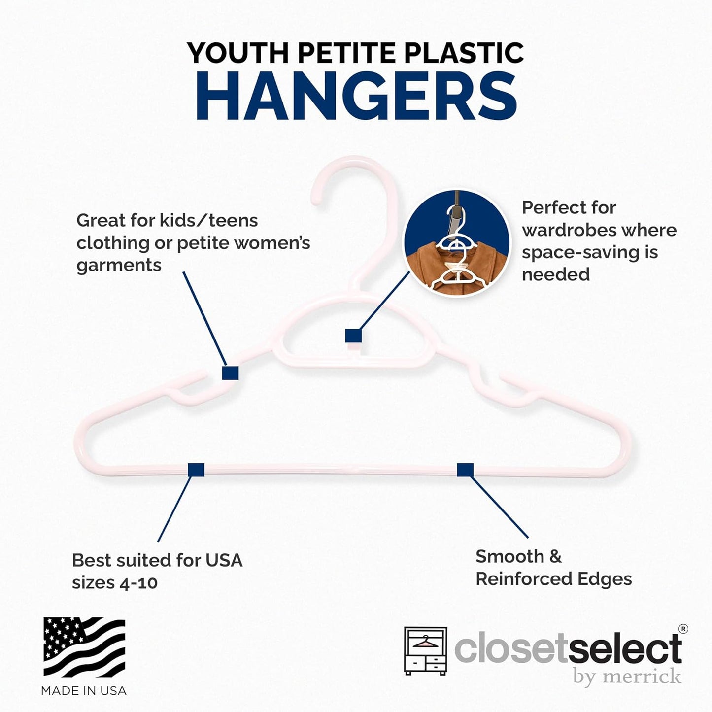 Closetselect Youth Hangers 30 Pack - 13 Inch Plastic Youth Petite & Childrens Hangers for Closet, Baby Hangers for Children Clothes Sizes 4 to 10, Non-Slip Infant Hangers with Shoulder Grooves | Pink