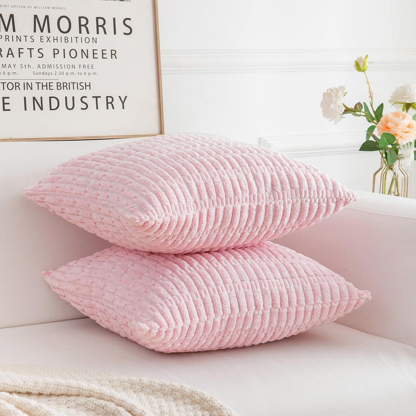 Corduroy Decorative Throw Pillow Covers, Boho Stripe Soft Square Cushion Case Home Decor for Living Room Couch Bed Sofa, Set of 2 Pack, Pink, 18x18 Inch
