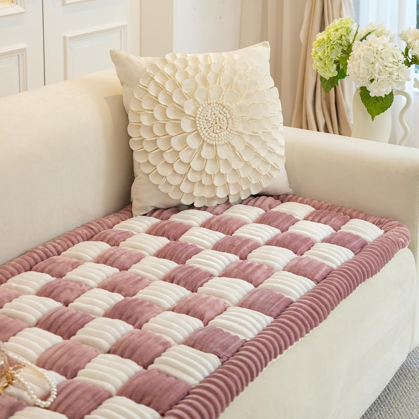 Funny Magic Sofa Cover, Waterproof Couch Cover for Dogs, Cream-Coloured Large Plaid Square Pet Mat, Bed Tatami Mat