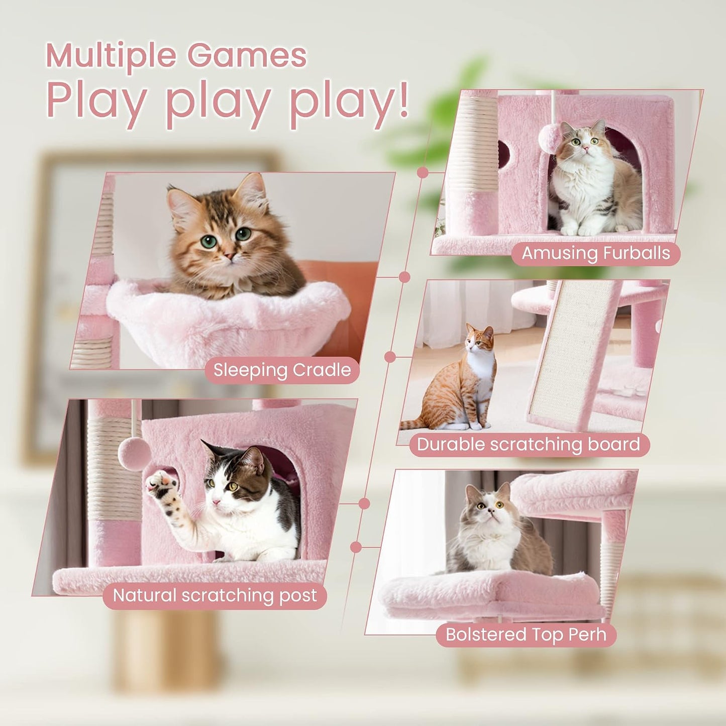 SHA CERLIN 68 Inches Multi-Level Large Cat Tree for Large Kitties/Big Cat Tower with Condo/Cozy Plush ‌Pussycat Perches/Sisal Scratching Posts and Hammocks/Activity Center/Pink