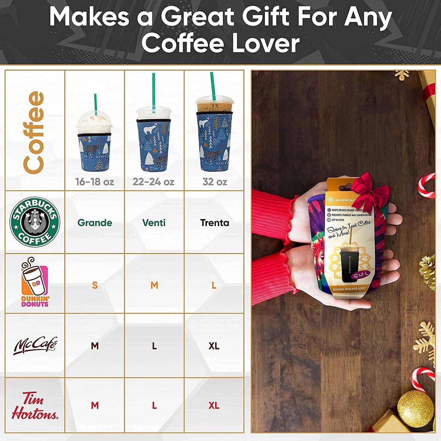 Baxendale and Co Reusable Neoprene Insulator Sleeves for Large Sized Iced Coffee and Cold Drink Cups, Compatible with Starbucks, Dunkin, Tumblers, Soda Cups (2 PK Large 32oz, Mint & Peach Smooth)