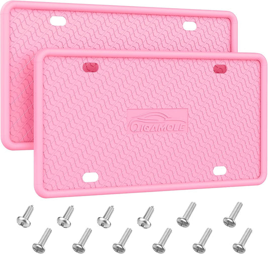 QiqaMole Silicone License Plate Frames, License Plate Holder for US CA Cars, Silicone Car Plate Cover Rustproof & Rattle Proof & Weatherproof Car Accessories (Pink 2 Pack)