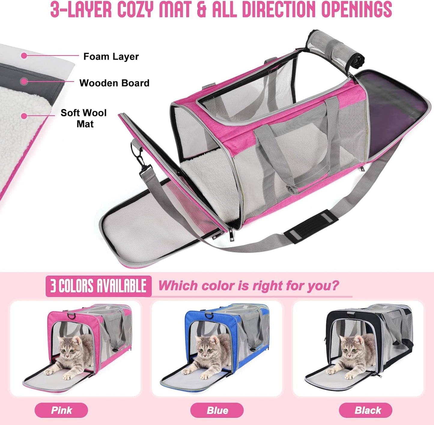Pet Carrier for Large Cats of 16 Lbs, Collapsible Carrier Bag for Medium Cat or Kittens,Soft Sided Puppy Carrier with Sturdy Travel Transport Strap, Adequate Ventilation, 4 Mesh Windows (Pink)