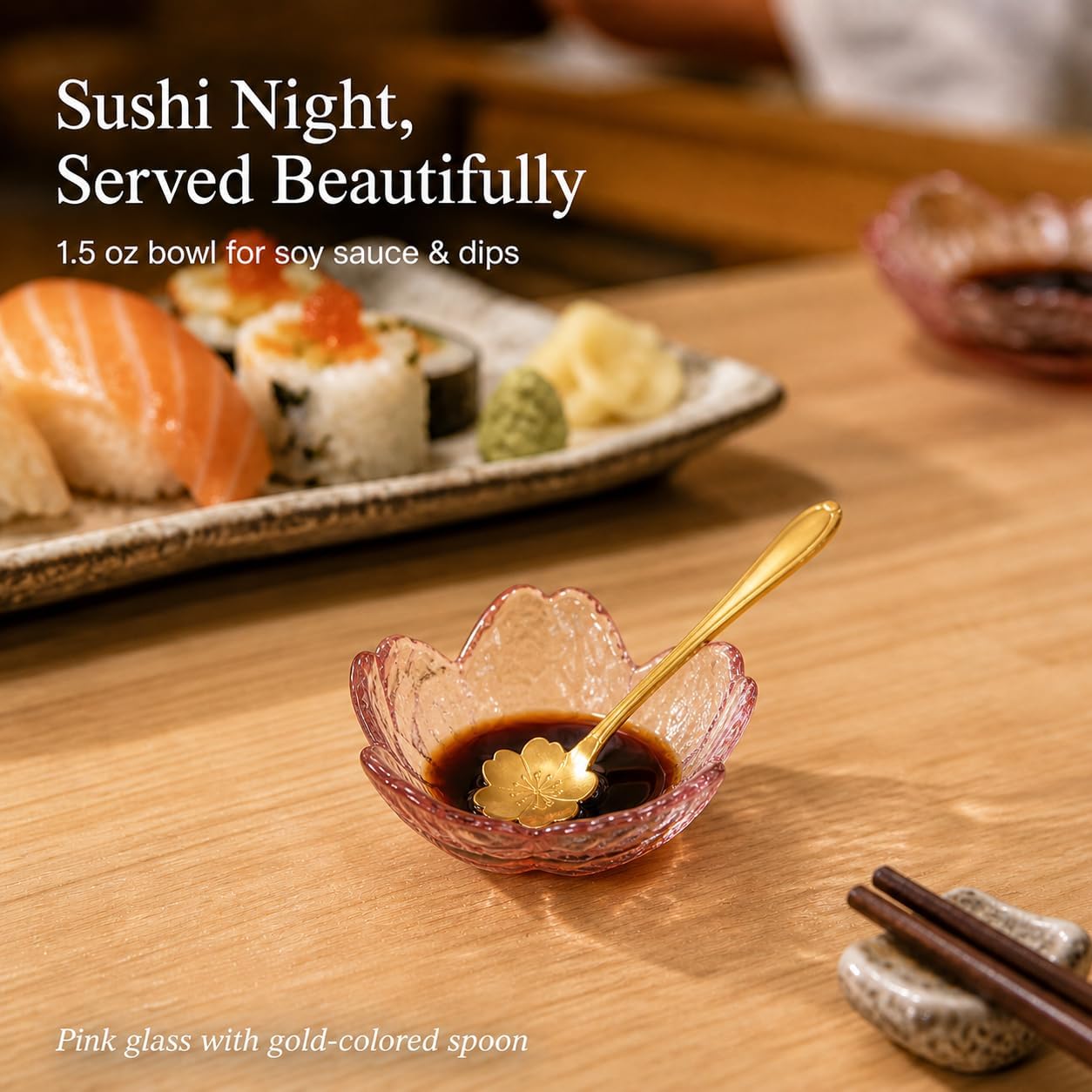 Cherry Blossom Dipping Sauce Dish Set of 10, 1.5 oz Soft Lilac Pink Glass Soy Sauce Bowls with 10 Gold-Colored Flower Spoons, Small Sakura Dip Bowls for Condiments, Sushi, Desserts, Snacks