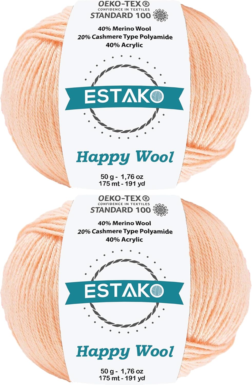 Estako Happy Wool (2 Skeins Pack) 40% Merino Wool 20% Cashmere Type Polyamide 40% Acyrlic Fingering Weight Soft Knitting and Crochet Yarn (2 x 1.76 oz) (2 x 191 yds) (8034 - Peach)