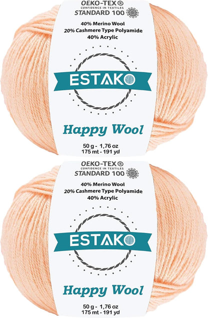 Estako Happy Wool (2 Skeins Pack) 40% Merino Wool 20% Cashmere Type Polyamide 40% Acyrlic Fingering Weight Soft Knitting and Crochet Yarn (2 x 1.76 oz) (2 x 191 yds) (8034 - Peach)