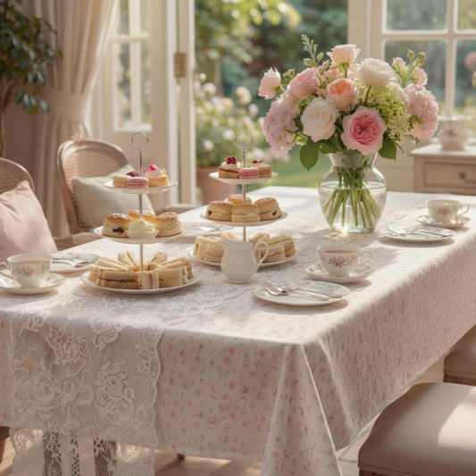 Breling 2 Pcs Floral Tea Party Decoration Pink Vintage Rectangle Tablecloth White Lace Runner Spring Summer Flower Table Decor for Garden Wildflower Baby Shower Party Supplies Bridal Shower Wedding