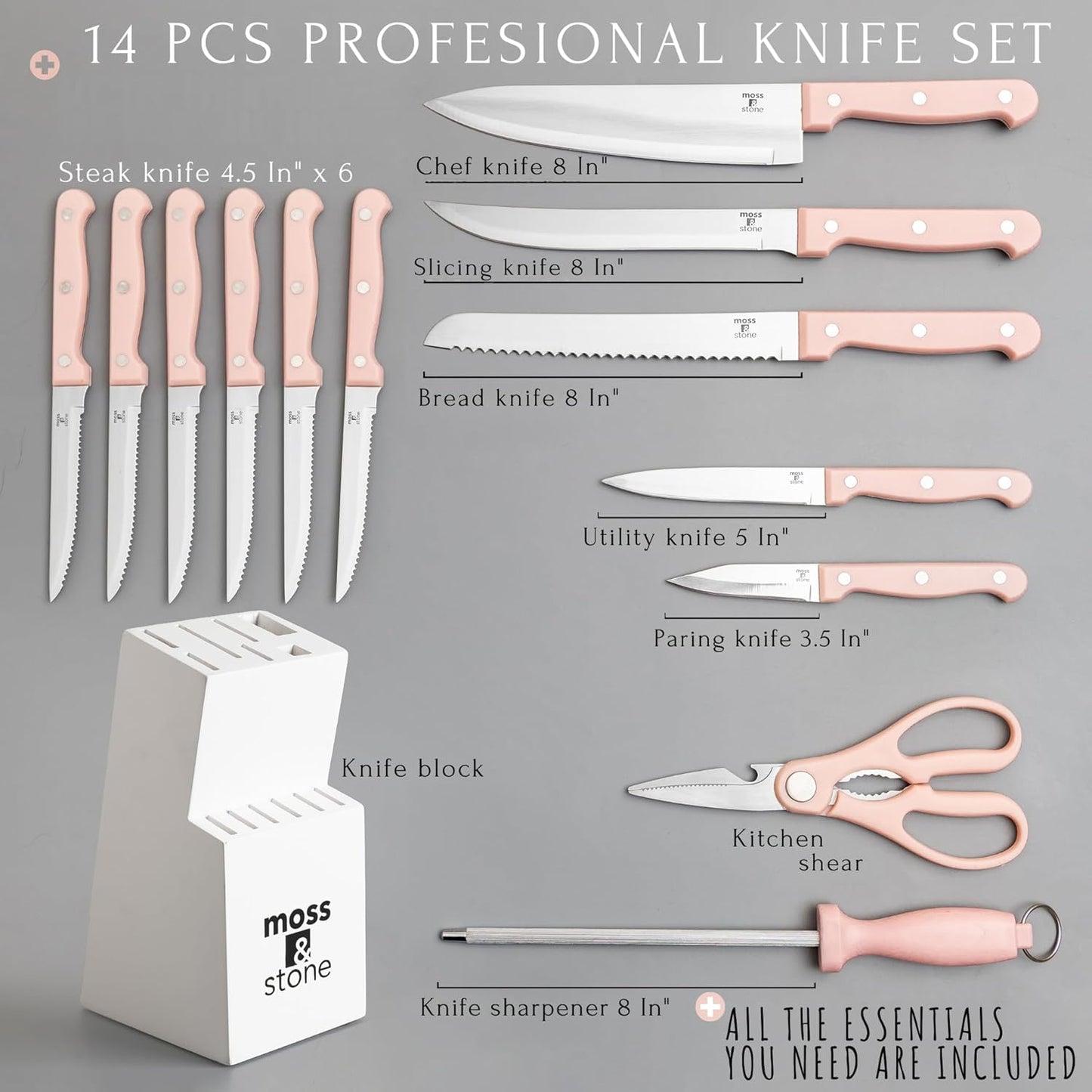 Moss & Stone Pink 14 Pcs Knife Block Set Stainless Steel, Premium Forged Kitchen Knives Set with High-Carbon Blades, Ergonomic Handle, Sharp Blade, Rust Resistant, Modern Style for Home & Chef
