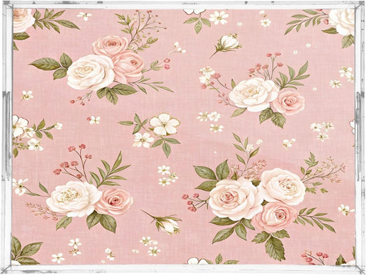 Pink Floral Pattern Serving Tray 12" x 16" Acrylic Trays with Handles Decorative Serving Platter for Coffee, Breakfast in Bed, Dinner, Appetizers, Patio, Party