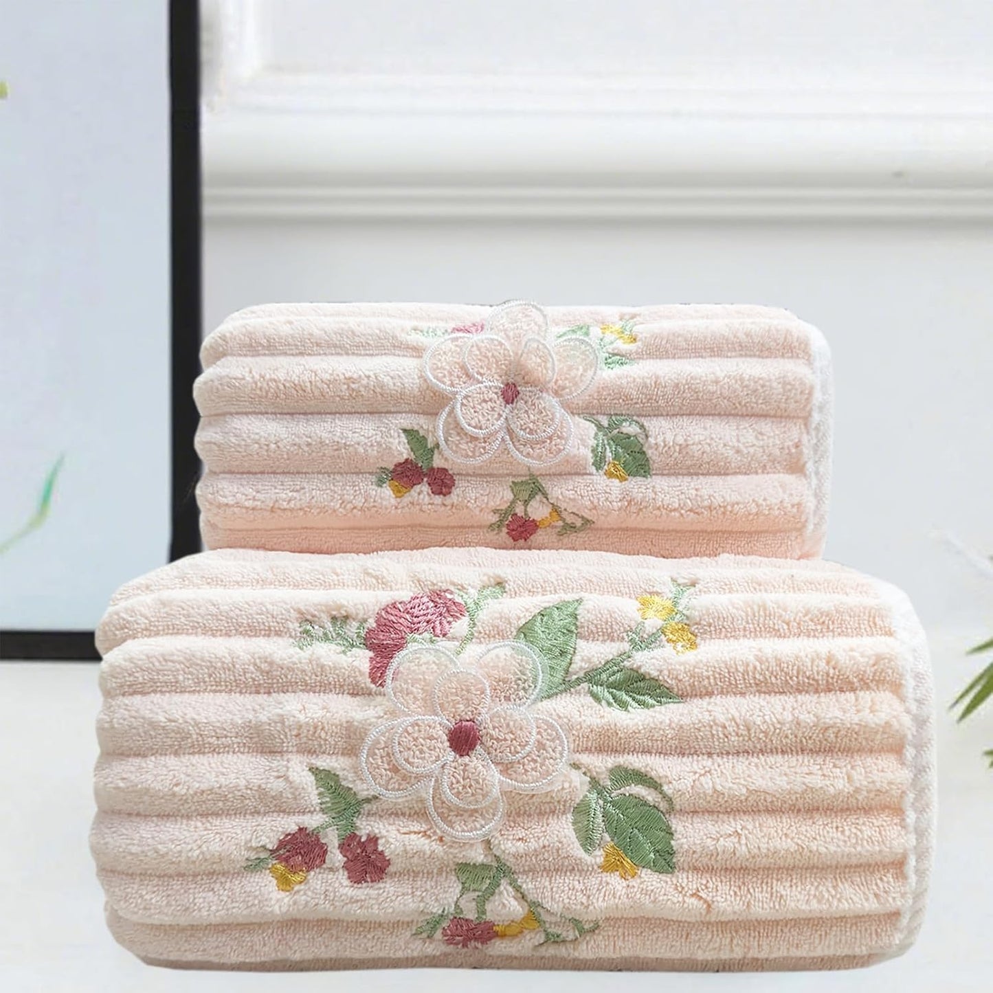 ABREEZE Embroidered Peony Flower Towel Set, Pink,2pc Coral Fleece Soft and Fluffy Absorbent Towels for Hotal,SPA and Bathroom(1 Bath Towel,1 Hand Towel)