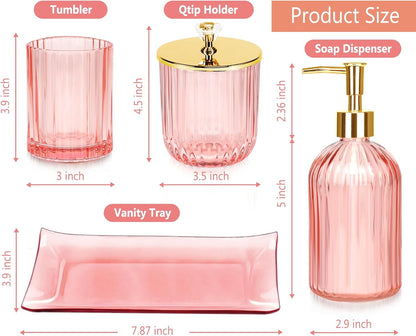Haturi Bathroom Accessories Set, 4 Pcs Pink Glass Bathroom Accessories Sets Complete w/Lotion Soap Dispenser, Toothbrush Holder, Apothecary Jar, Vanity Tray, Bathroom Decor, Gift for Home Apartment