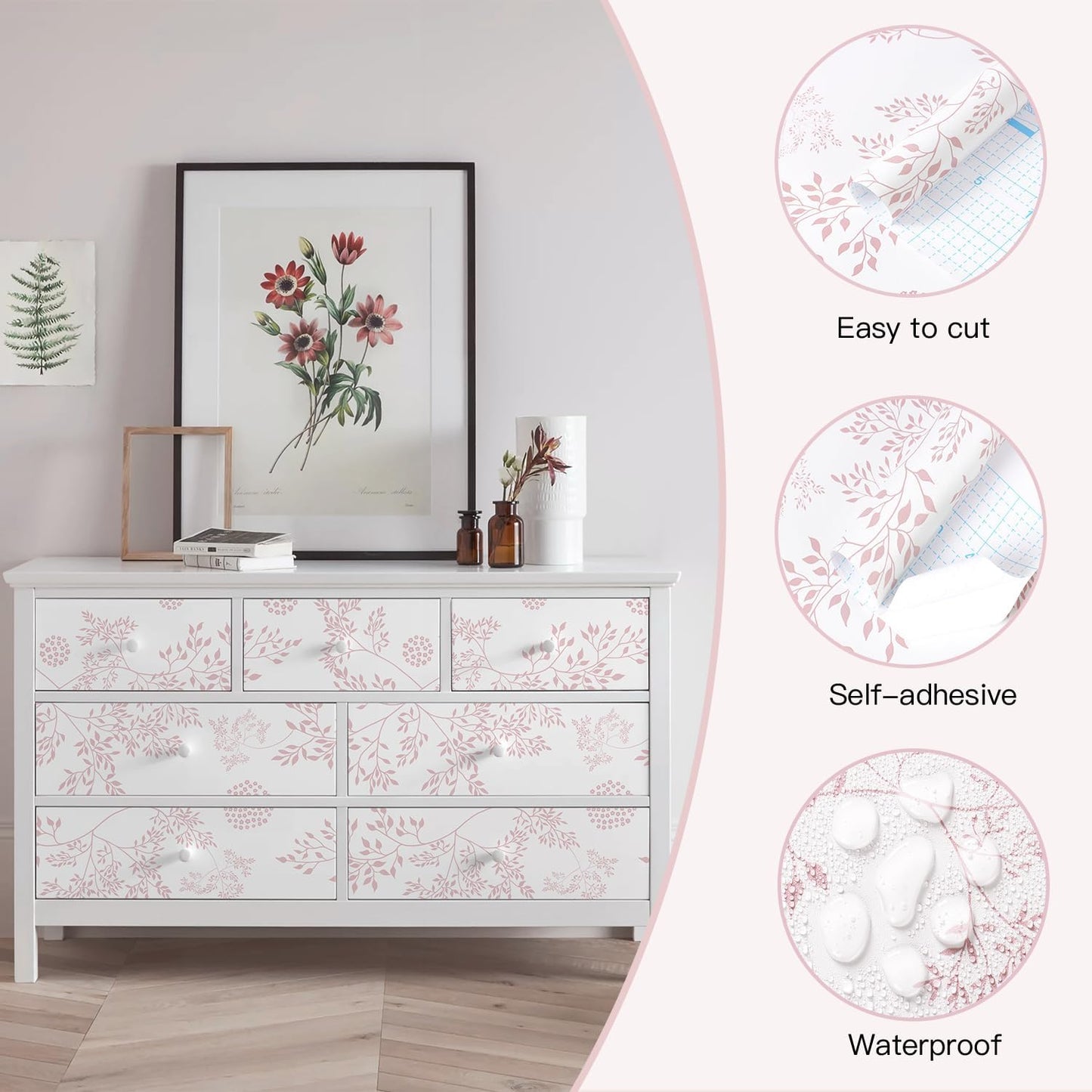 Heroad Boho Peel and Stick Wallpaper Pink Floral Contact Paper 17.3"x78.7" Leaf Wall Paper Removable Self Adhesive Wallpaper for Cabinet Bathroom Waterproof Nursery Decor Vinyl Papel Tapiz para Pared