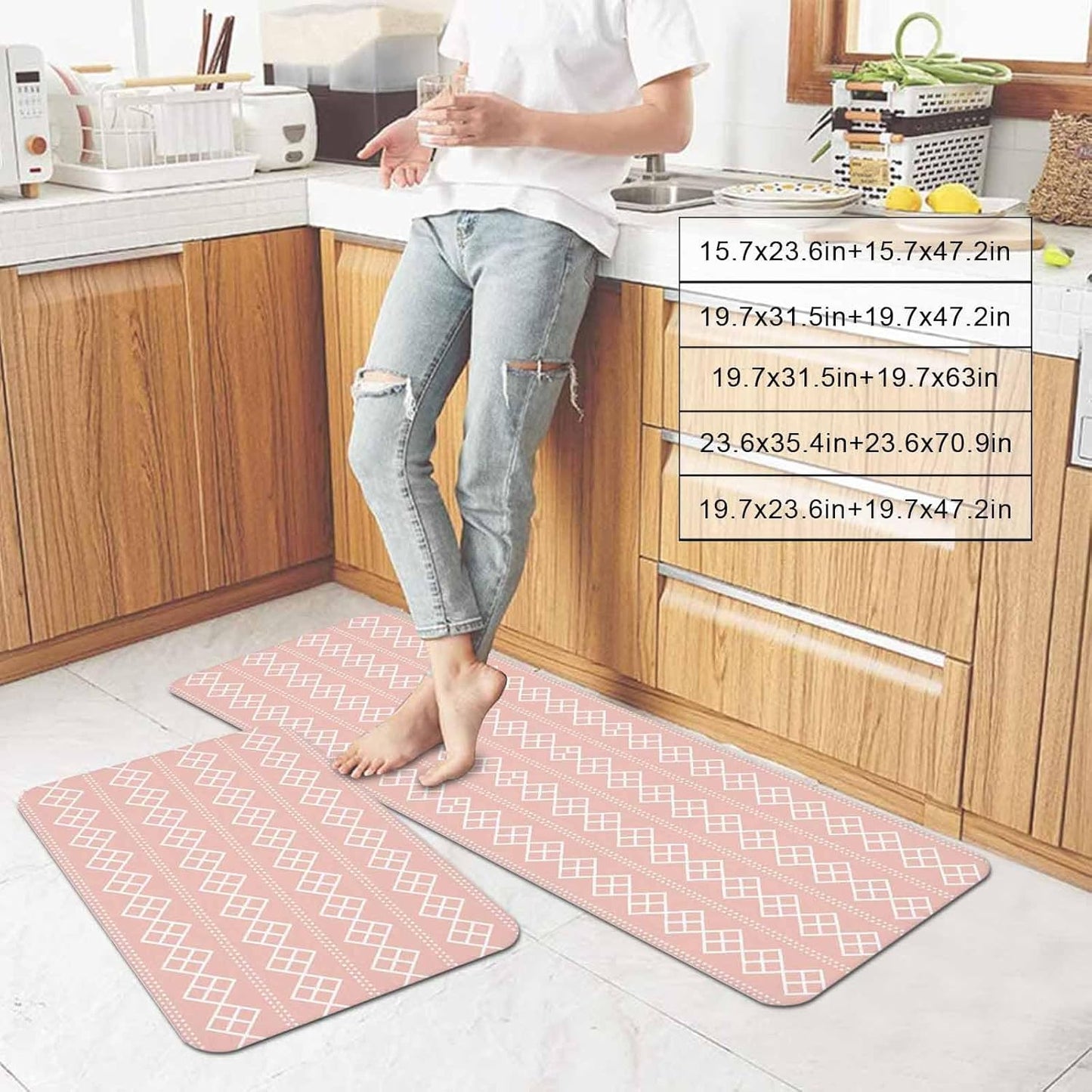 Peach Pink Checkered Kitchen Mat Set 2 Pieces Abstract White Geometric Argyle Stripe Non Slip Kitchen Rugs Washable Runner Rug Mats for Kitchen Sink Laundry Office (23.6" x 35.4"+23.6" x 70.9")