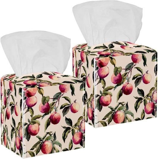 Pink Peach Pattern (2) Tissue Box Holder, PU Leather Tissue Box Cover Square, Paper Facial Decorative Tissues Cover for Night Stands Bathroom Office Home Decor