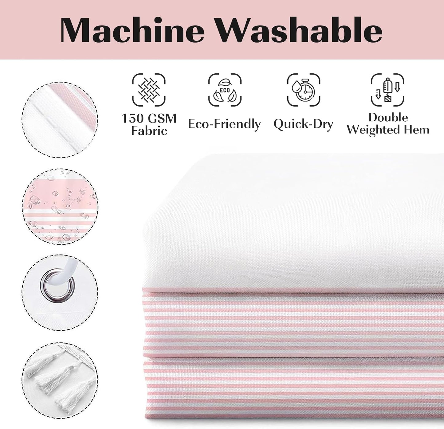 Seasonwood Shower Curtain Tassel, Modern Farmhouse Tassel Pink Striped Shower Curtain with Tassels for Bathroom Decor, 72x72