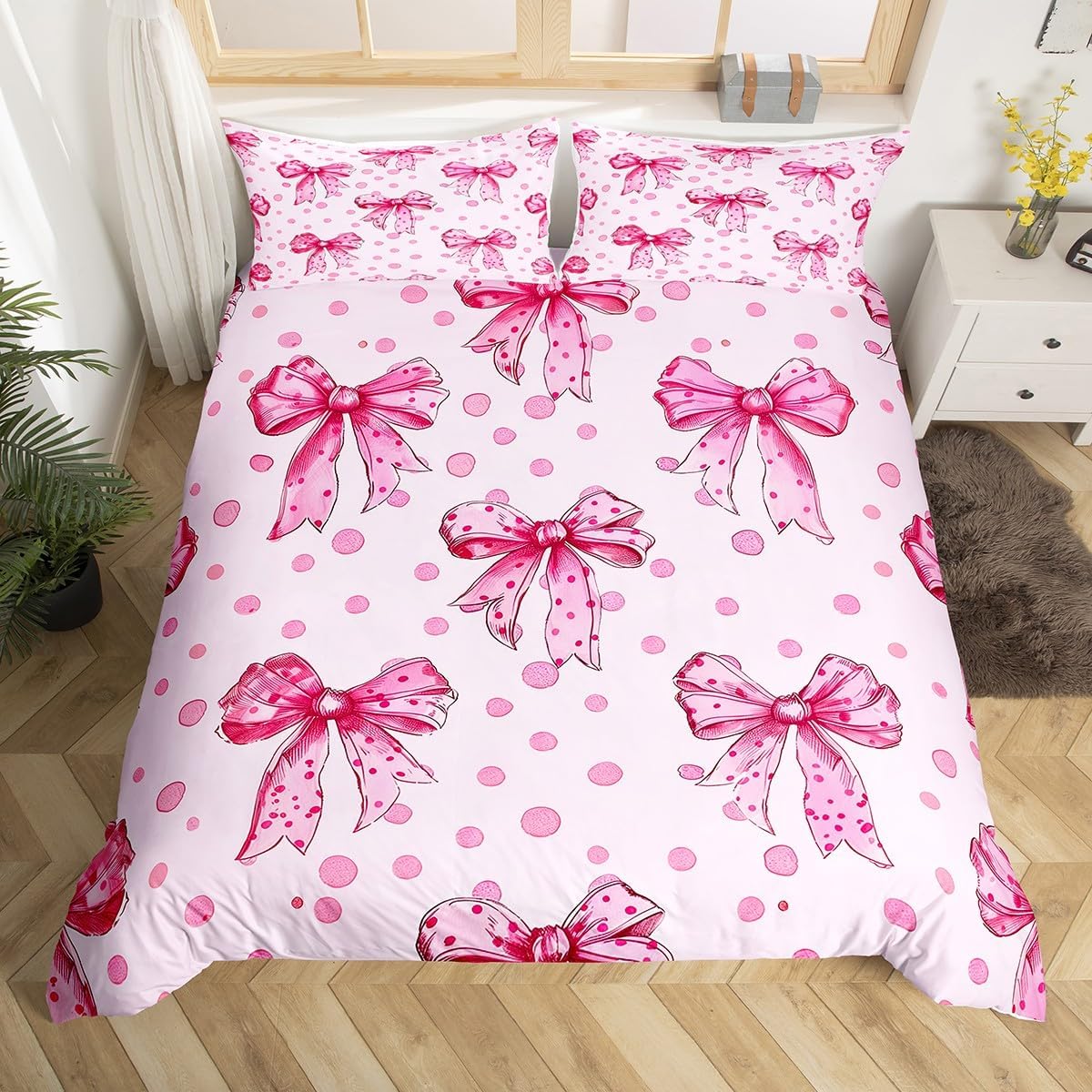Erosebridal Pink Princess Bow Duvet Cover Twin Cute Coquette Bowknot Bedding Set Kawaii Ribbon Bow Comforter Cover for Kids Girls Teen Women,Pink Watercolor Polka Dot Bed Set