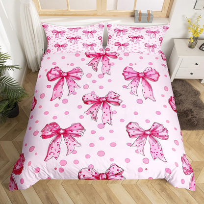 Erosebridal Pink Princess Bow Duvet Cover Twin Cute Coquette Bowknot Bedding Set Kawaii Ribbon Bow Comforter Cover for Kids Girls Teen Women,Pink Watercolor Polka Dot Bed Set