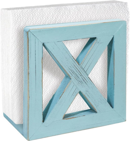 MAONAME Farmhouse Wooden Napkin Holder for Tables, Square Napkins Dispenser, Rustic Wood Guest Towel Holder Tray for Bathroom, Dinner Napkin Holders for Kitchen, Ocean Blue