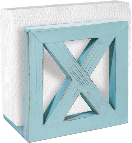 MAONAME Farmhouse Wooden Napkin Holder for Tables, Square Napkins Dispenser, Rustic Wood Guest Towel Holder Tray for Bathroom, Dinner Napkin Holders for Kitchen, Ocean Blue