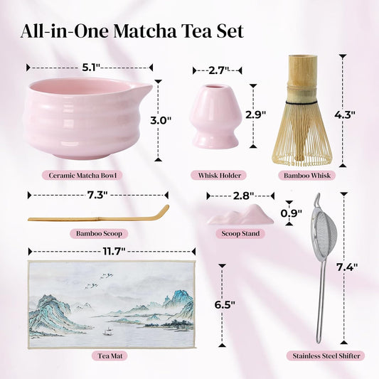 DOWAN Matcha Whisk Set, 7 Pcs Matcha Set Includes Bowl with Spout, Whisk and Holder, Bamboo Scoop and Holder, Sifter and Tea Towel - Matcha Kit Gift for Lovers Beginners (Pink)