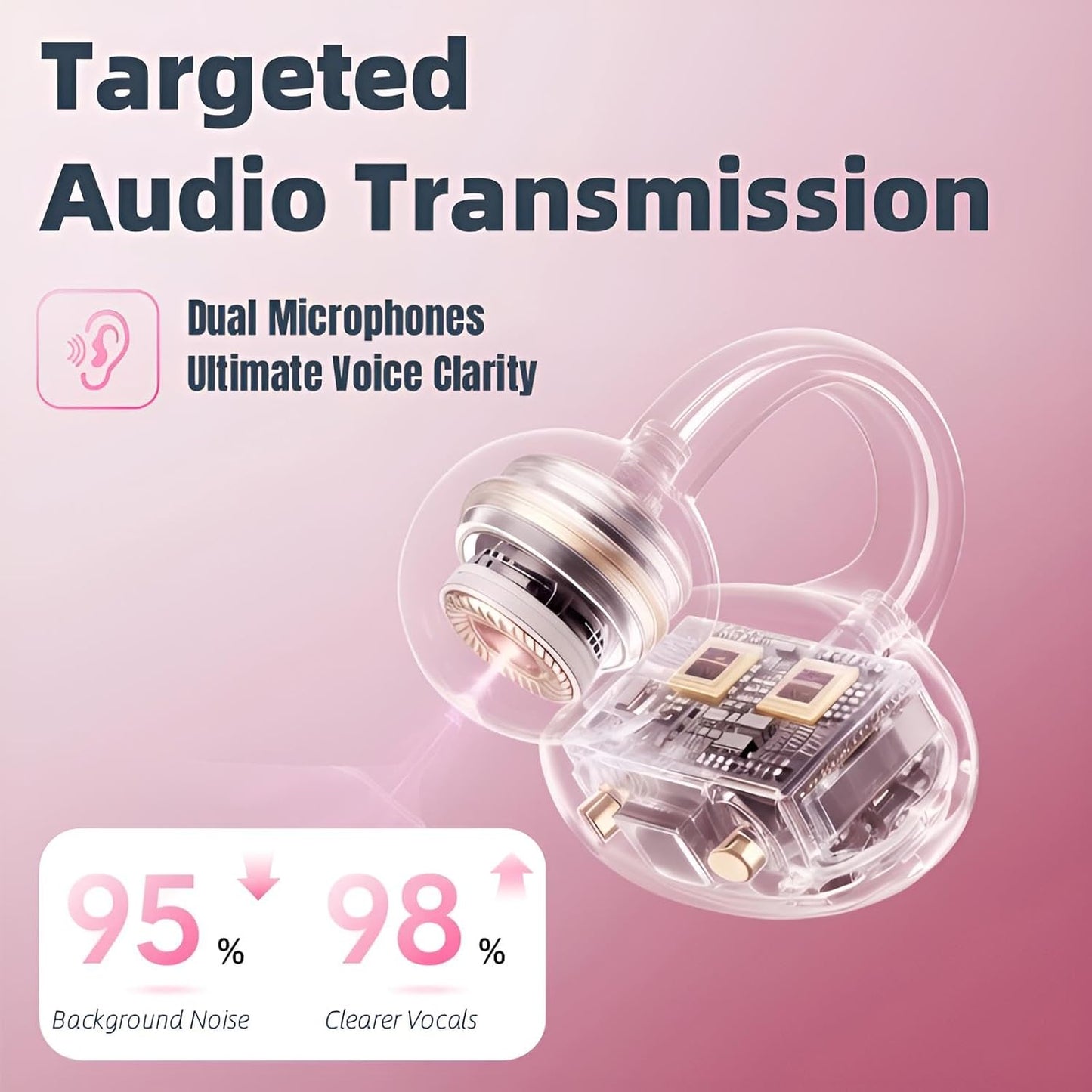 Wireless Earbuds with LED Makeup Mirror Case, Bluetooth 6.0 Open Ear Clip-On Headphones, Cute Pink Air Conduction Earphones for Women, Low Latency, Secure Fit for Running & Travel