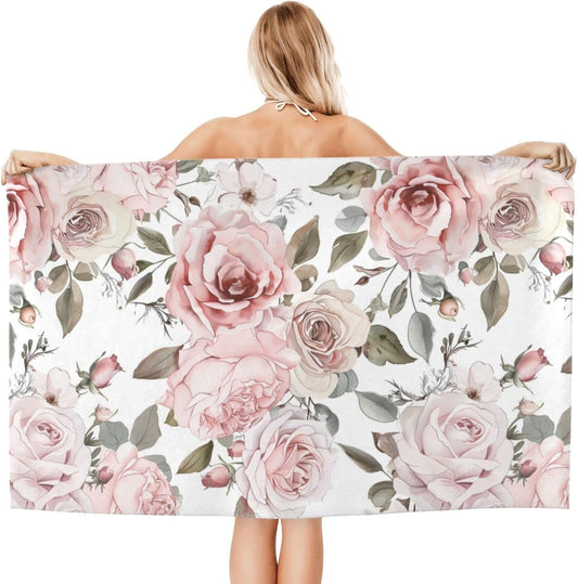 Retro Rose Floral Beach Towel, 32x52in Microfiber Quick Dry Pink Flower Vintage Bath Towels, Soft Lightweight Oversized Sand Free, for Travel Pool Swimming Gym Decor, Gifts Women Girls