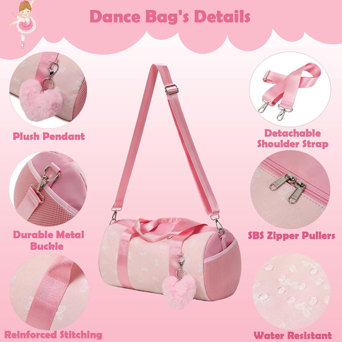 Little Girls Dance Bag, Glitter Girls Ballet Sports Duffle Bag with Shoulder Strap and Waterproof Wet Pocket Gymnastics Tote Bag for Dance Class Travel