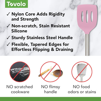Tovolo Slotted Silicone Spatula Turner Slotted Stainless Steel Handle 10" Pink Sorbet Heat Resistant Non Toxic BPA Free Kitchen Utensil, Silicone Egg Pancake Flipper Metal Handle Turner for Cooking