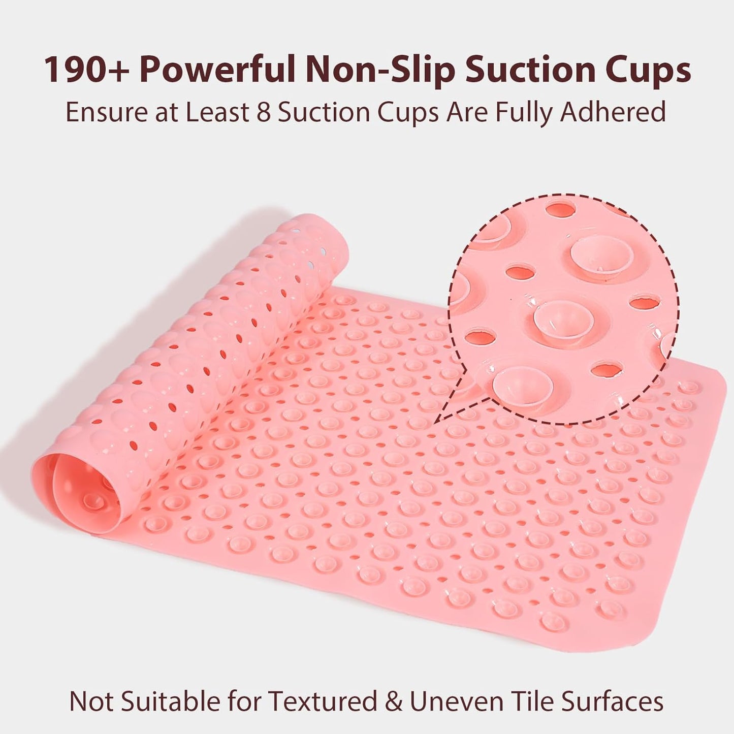 Pink Bathtub Mat Shower Mat Non Slip 17x30 Inch Standard Size, Soft Bubble Bath Tub Mat Shower Mats for Inside Shower Bathroom Floor Mat with Big Suction Cups & Drain Holes, BPA-Free