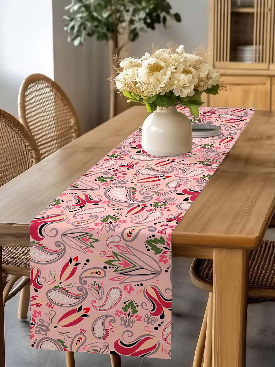 Vintage Baroque Style Floral Table Runners 13x72 Inches Long Linen Burlap Table Runner, Abstract Pink Paisley Flowers Tablerunners Dresser Scarf for Kitchen Dining Holiday Party Wedding Gathering