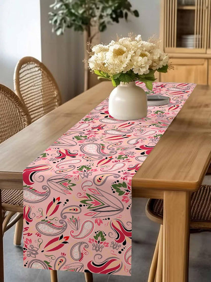 Vintage Baroque Style Floral Table Runners 13x72 Inches Long Linen Burlap Table Runner, Abstract Pink Paisley Flowers Tablerunners Dresser Scarf for Kitchen Dining Holiday Party Wedding Gathering
