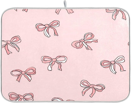 Boccsty Pink Bows Light Pink Cute Dish Drying Mat for Counter Drying Kitchen Mats Coffee Bar Mats for Countertops Dishes Utensils Sinks 18 x 24 IN