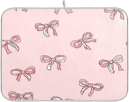 Boccsty Pink Bows Light Pink Cute Dish Drying Mat for Counter Drying Kitchen Mats Coffee Bar Mats for Countertops Dishes Utensils Sinks 18 x 24 IN
