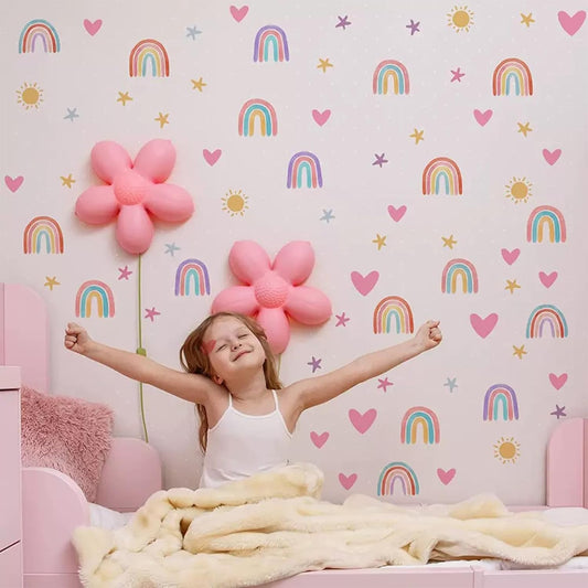 6 Sheets Pastel Rainbow & Heart Wall Decals - Cute Watercolor Star/Sun Stickers for Girls' Room Nursery Bedroom Decor, Removable Self-Adhesive Pink Kids Wall Art