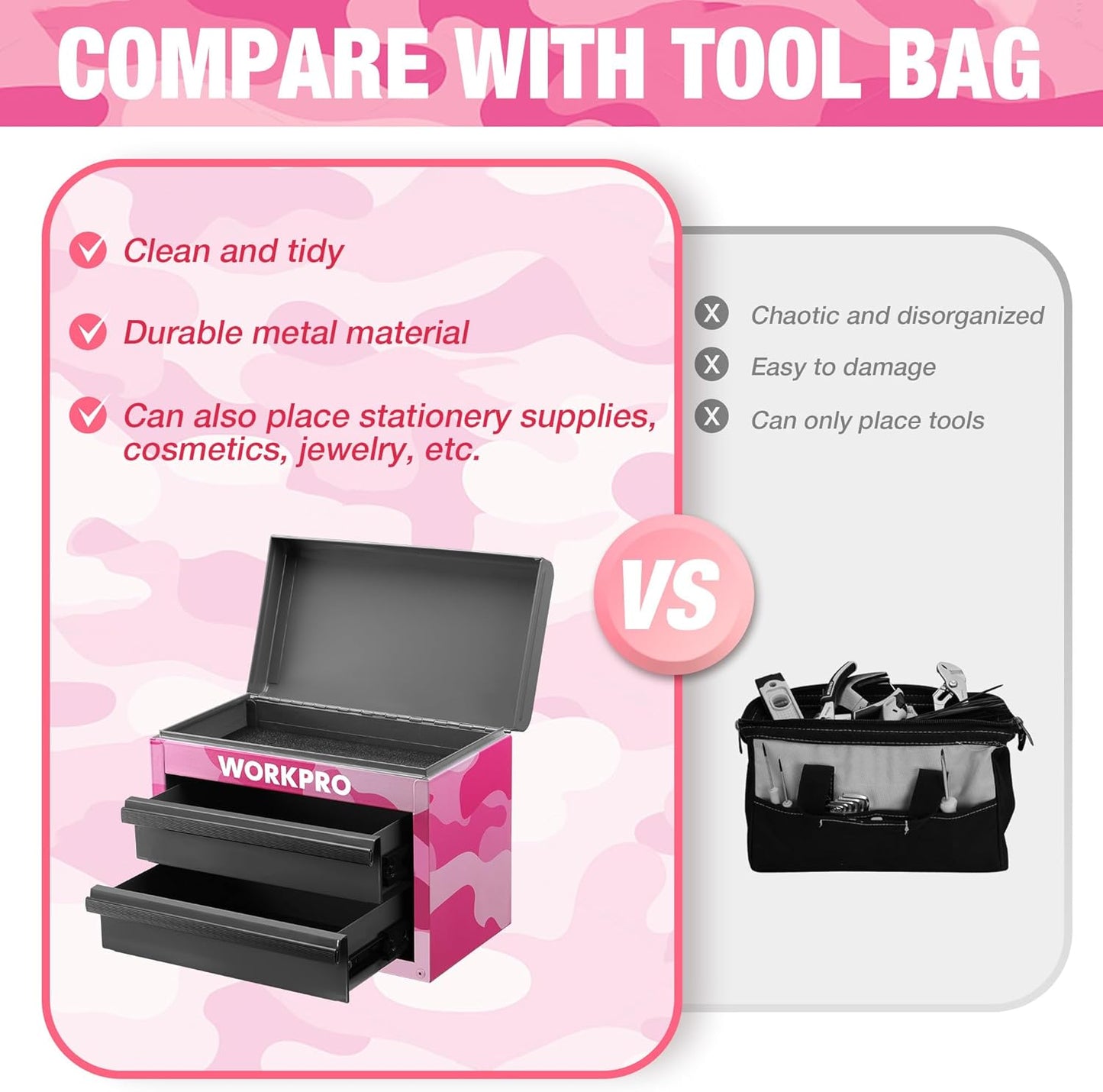WORKPRO Metal Mini Tool Box, Top Tool Chest containing Two Drawers with Ball Bearing Slides, PVC Drawer Liners and PP Feet Pads, Cold Rolled Steel Small Toolbox for Multi-Purpose Storage - Pink Ribbon