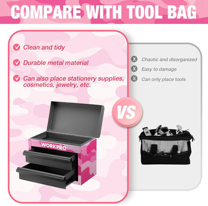 WORKPRO Metal Mini Tool Box, Top Tool Chest containing Two Drawers with Ball Bearing Slides, PVC Drawer Liners and PP Feet Pads, Cold Rolled Steel Small Toolbox for Multi-Purpose Storage - Pink Ribbon