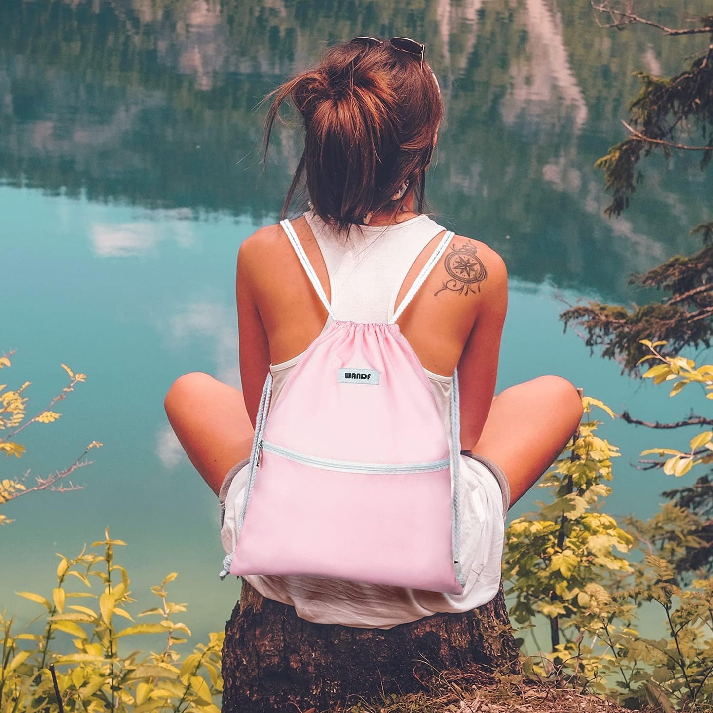 WANDF Drawstring Backpack, Gym Sackpack for Sports (Light Pink) | Water-Resistant, Shopping, Yoga, Travel, Beach, Daily Carry