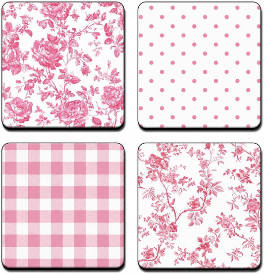 Pink Pattern Coaster Set – Roses, Polka Dots, Gingham and Delicate Floral Designs for Charming Cottagecore Home Decor (Pink Toile Combo)
