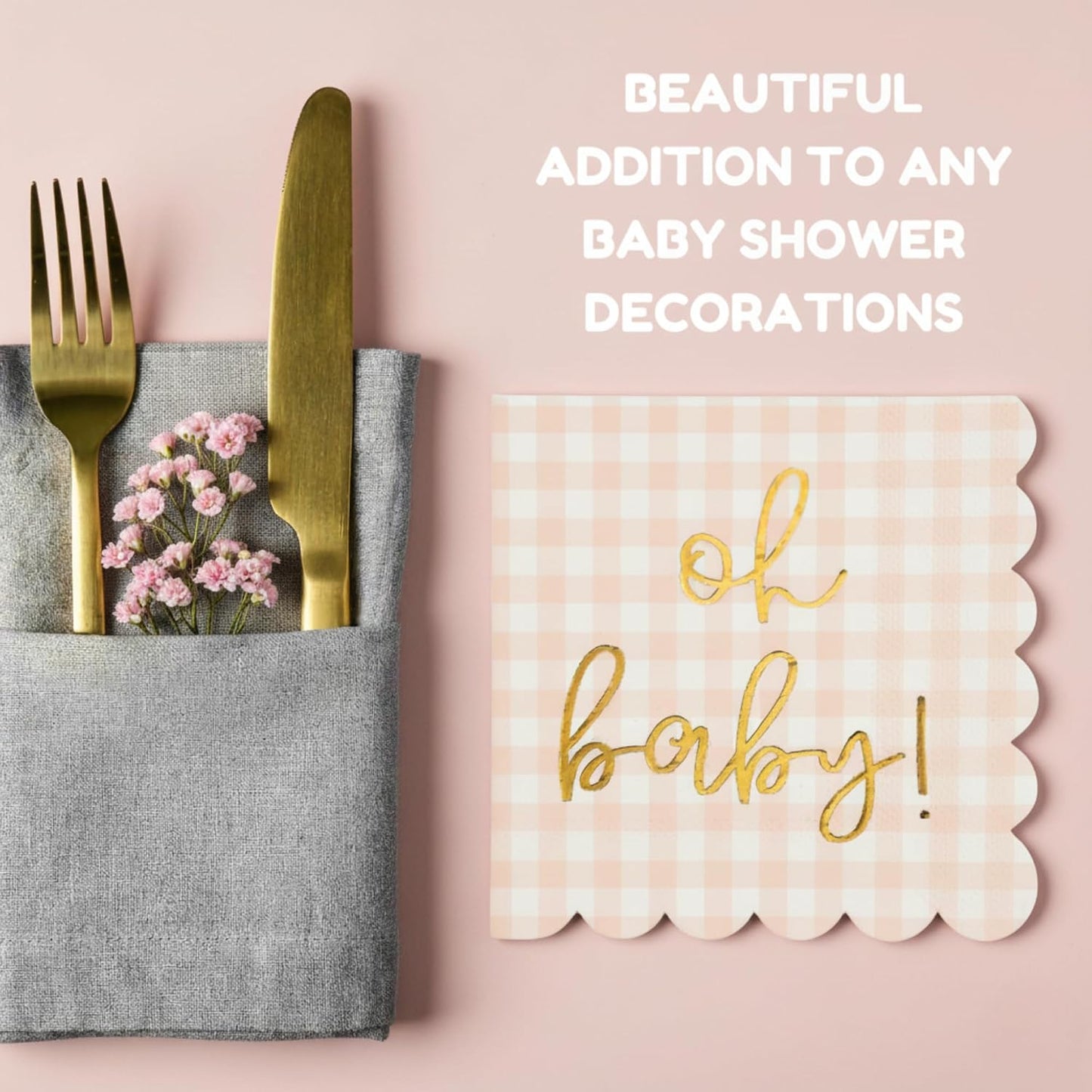 Cloverjoyed 'Oh Baby' Pink Baby Shower Decorations for Girls, Pink Plaid Oh Baby Napkins, Gingham Scalloped It's a Girl Decor, 1st Birthday, Welcome Home, Sprinkles, Pregnancy Announcement, 50 Pack