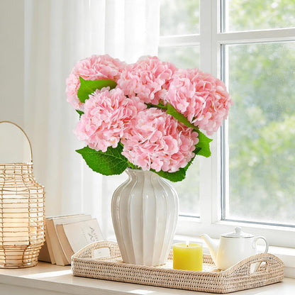 Real Touch Pink Hydrangea Artificial Flowers with Stems, Fake Silk Flowers for Outdoors, 3 Pcs Artificial Flowers for Home Decor Wedding Bouquets Centerpieces Vase