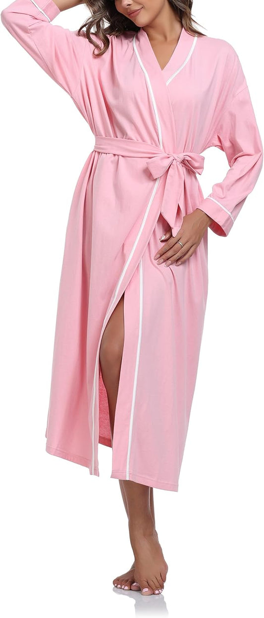 ANLIQI 100% Cotton Robe for Women Long Sleeve Knit Kimono Soft Lightweight Bathrobe Ladies Loungewear with Pockets S-2XL