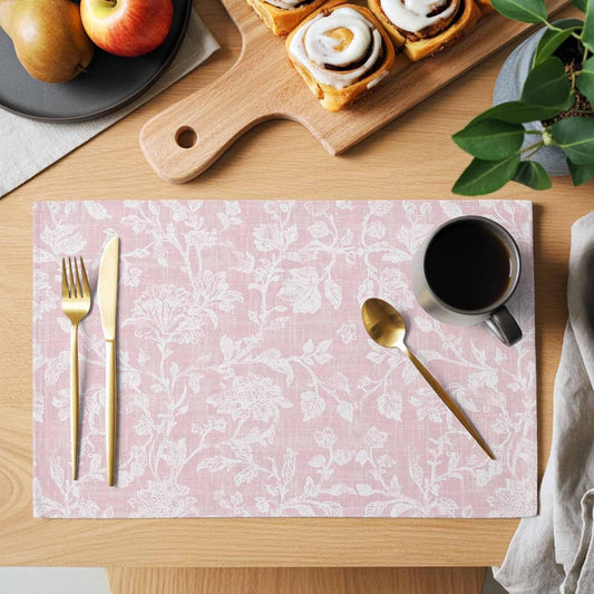 Botanical Rose Placemats Set of 6, Vintage Blush Pink Floral Leaf Summer Farmhouse Placemats for Dining Table, Place Mats for Kitchen Tabletop, Waterproof Wipeable Dining Table Mats Set