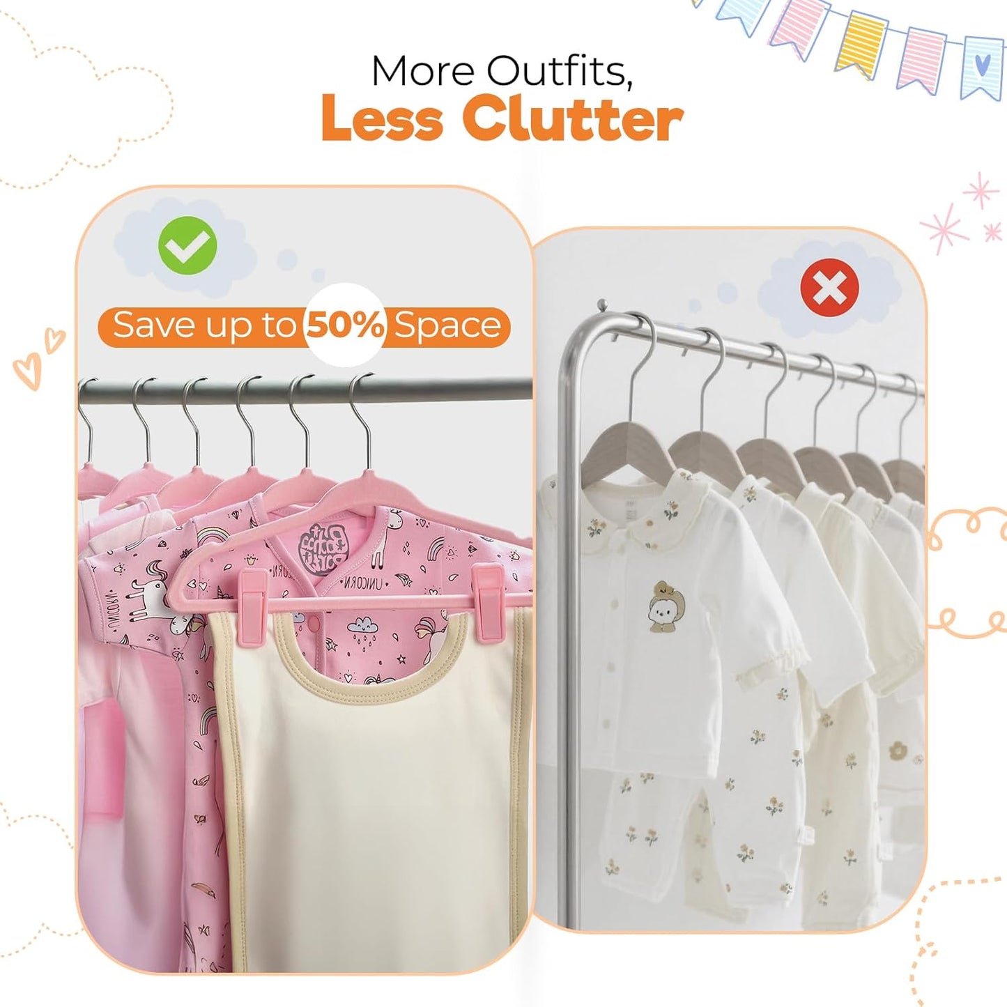 Babyrish Velvet Baby Hangers with Clips (30 Pack) | 11” Ultra-Slim Baby Clothes Hangers | Non-Slip Felt | Space-Saving Nursery & Infant Closet Organizer | Pink