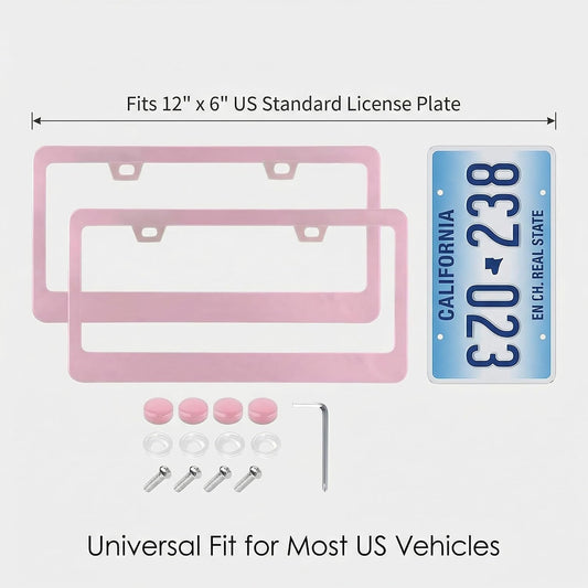 Fashion 2 Pack Matte Cherry Baby Pink License Plate Frames, Stainless Steel Car License Plate Cover Accessories with Screw Caps