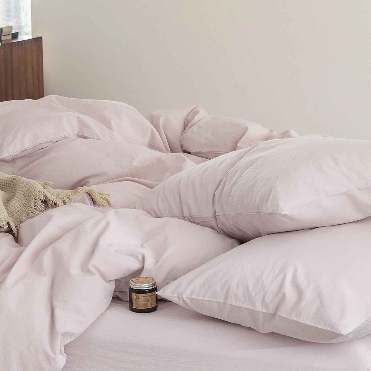 FOSSA 100% Washed Cotton Pillowcases Set of 2 Linen Feel Super Soft Breathable Cozy Pillow Covers with Envelope Closure Solid Greyish Pink Standard