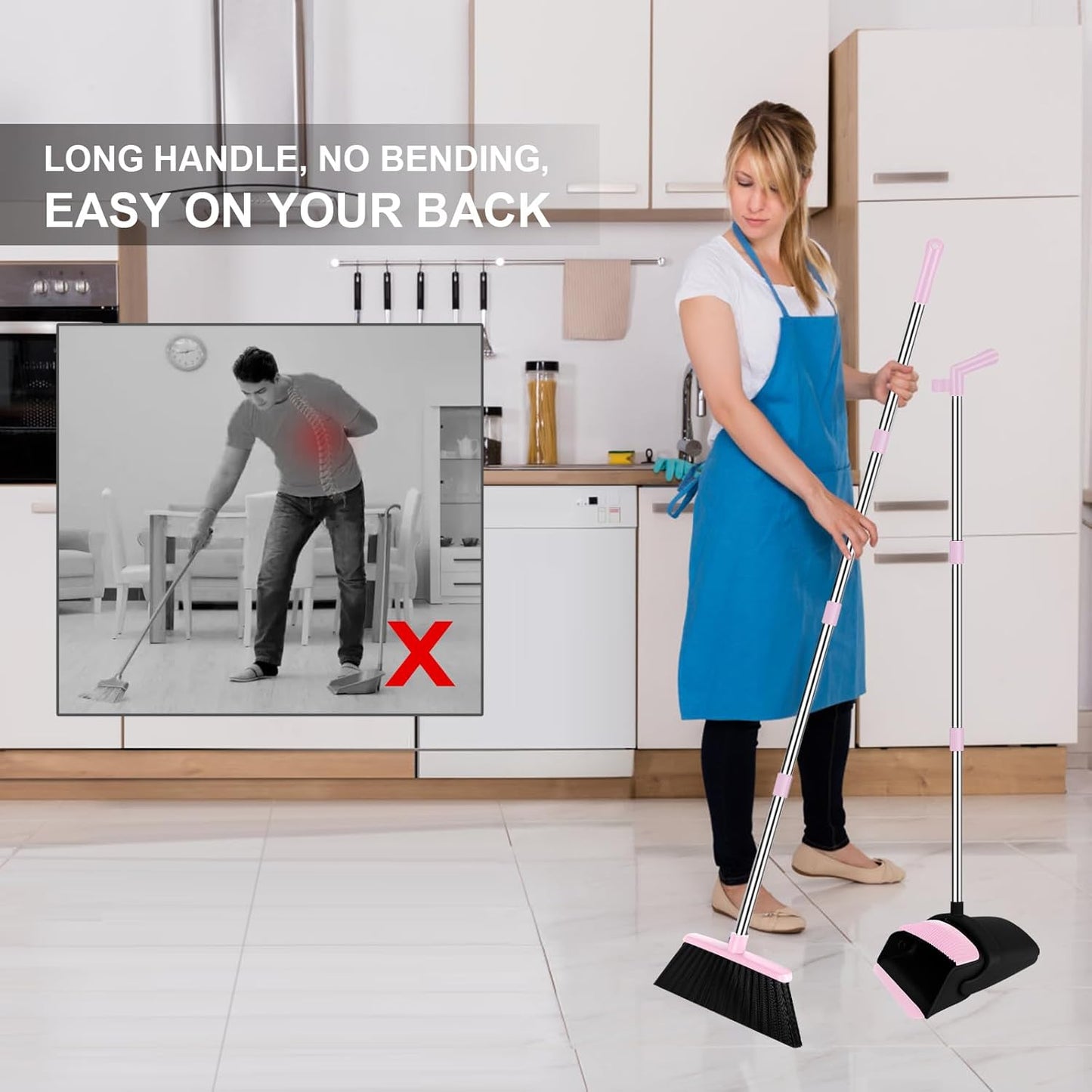 Pink Broom with Dustpan Combo Set, 51" Long Handle Household Cleaning Tool, Ideal Broom and Dustpan Set for Pet Hair and Home Use