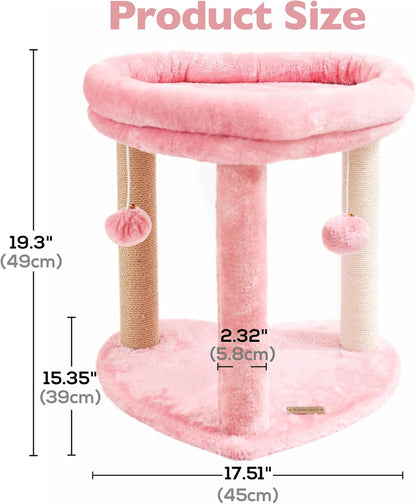 Cat Scratching Post Tree 3 in 1 Cat Tree Tower with Soft Bed, Heart Shape Scratch Posts with Two Hanging Ball Toys for Indoor Cats and Kittens Pink